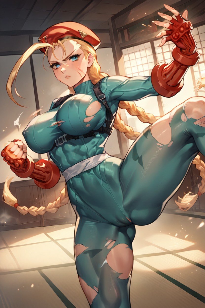 Karate Pose, Green Unitard, Massive Breast AI Porn