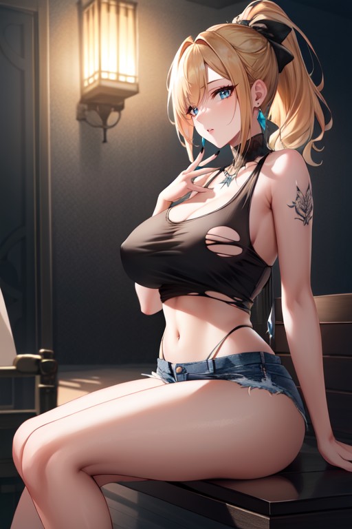 Long Black Finger Nails, Rounded Ass Dark Smoky Eye Shadow With Black Eyeliner Wearing A Torn Fishnet Tank Top With Ripped Jeans And Black Combat Boots Long Flowing Blonde And Black Roots Hair With Shaved Undrcut And High Ponytail Wearing Loop Earrings And A Neck Tattoo, Close Up Of Chest AreaPorno AI Hentai