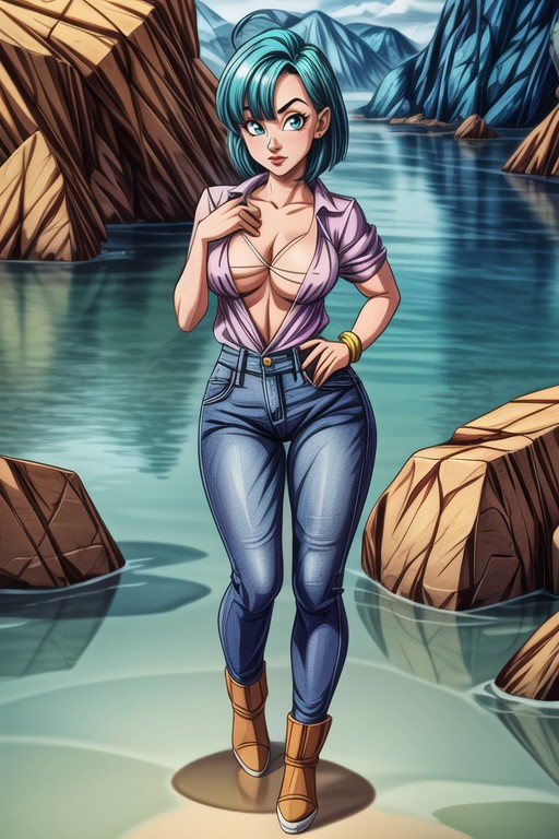 Unbuttoned, Looking At Viewer, Bulma (dragon Ball Z) Hentai AI Porn