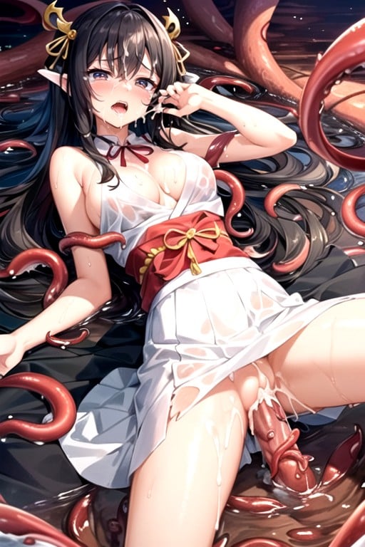 Black Hair, Cum Tentacles Accumulation, White Skirt Worn Over A KimonoAI 포르노