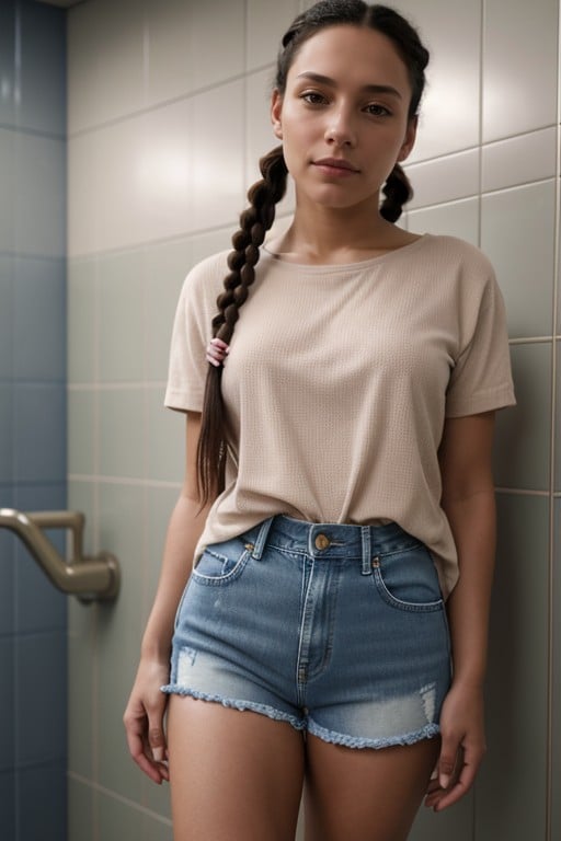 Jean Shorts, Pigtails, Bathroom Stall AI Porn