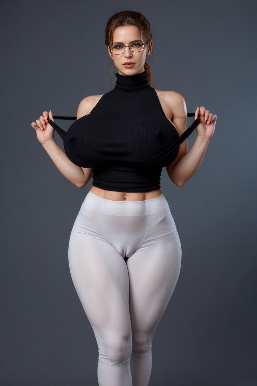 Extremely Tight White Yoga Pants, 한국인, Extremely Tight Black Sleeveless Turtleneck ShirtAI 포르노