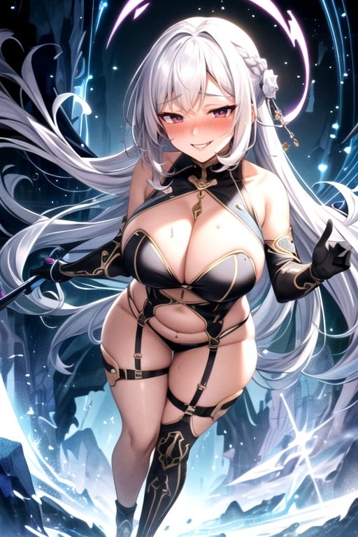 White Hair, Mischievous (smiling While Blushing), Ultra Detailed AI Porn