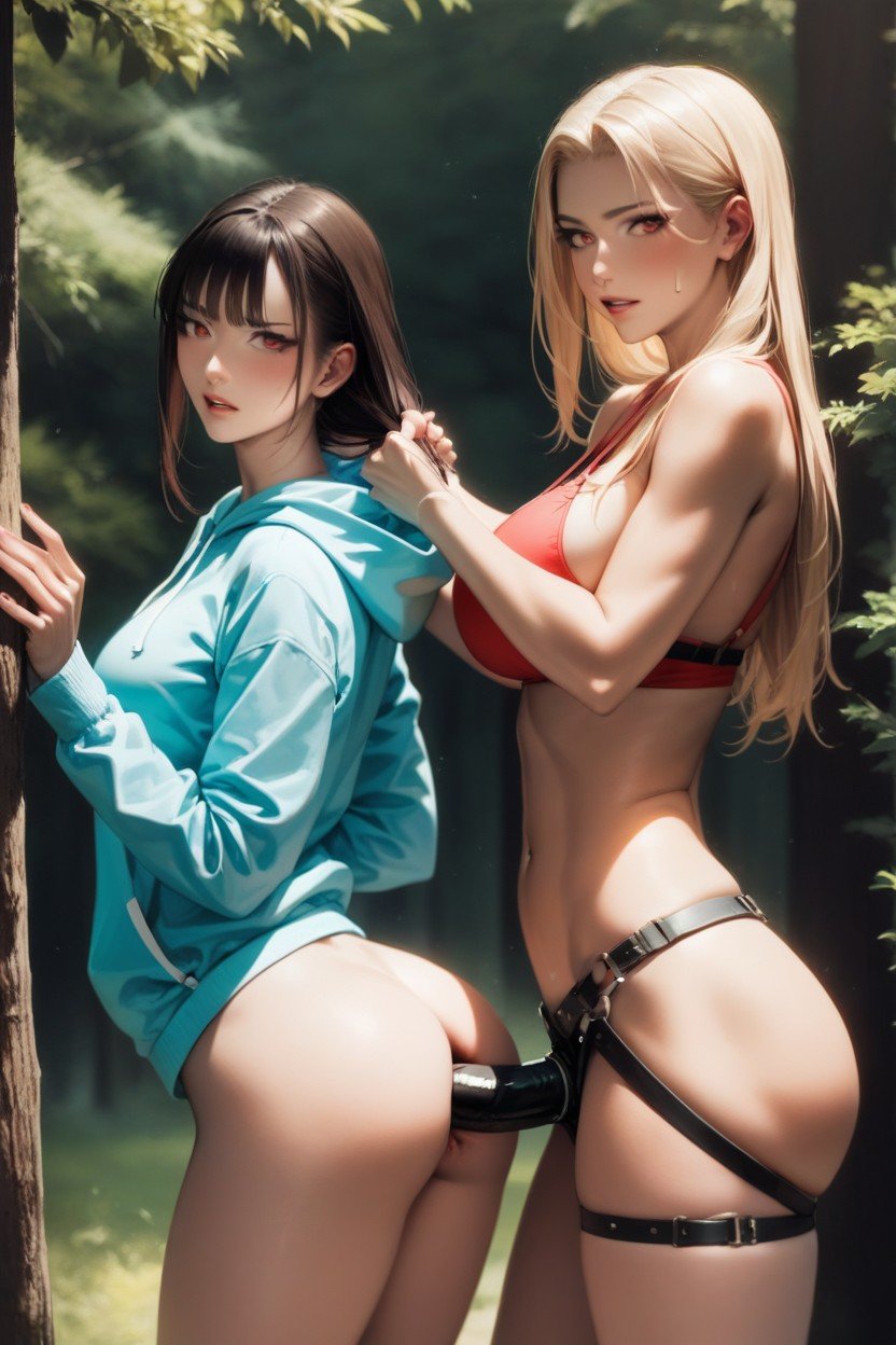 Asian Is Placing Arms In Front Of Her Touching Tree And Pushing Against It, Strap On In Ass, Standing GystylePorno AI