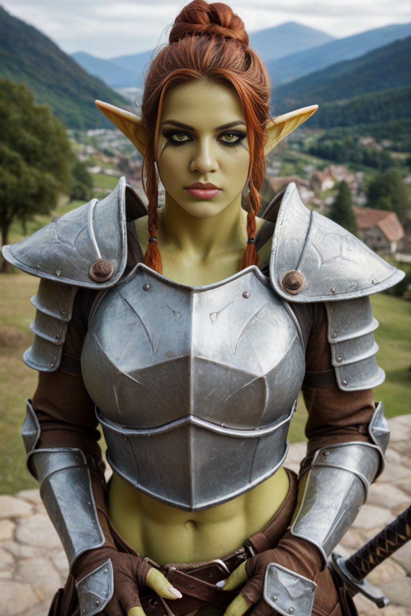 Braided Auburn Hair With Hair Bun, Silver Armor, Guantes De ArmaduraPorno AI