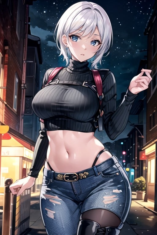 White Hair, Crop Top, Thick Lines Hentai AI Porn