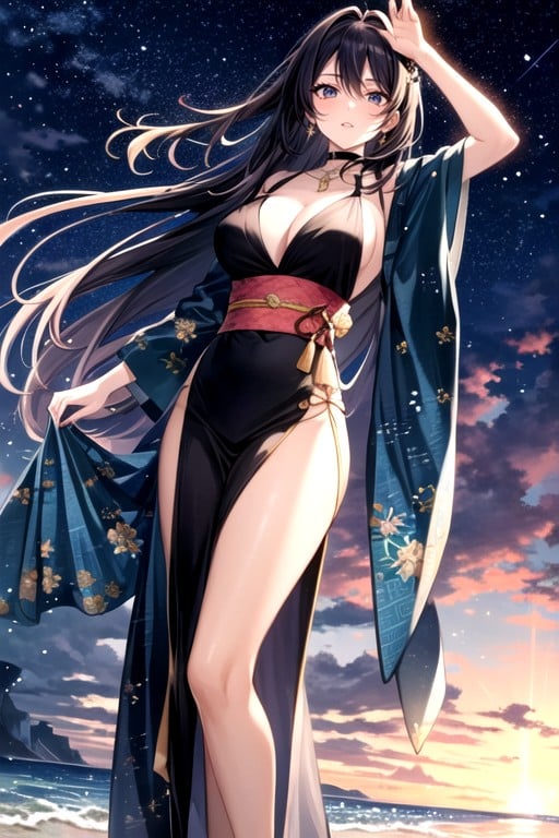 A Sky Transitioning From Orange To Deep Blue, Minimalist Clothing That Accentuates Her Form, Set Against A Soft Pink And Yellow Palette The Lighting Reflections And Shadows Add Depth And Intensity To The Scene Her Gaze Is Evocative And IntensePorno AI Hentai