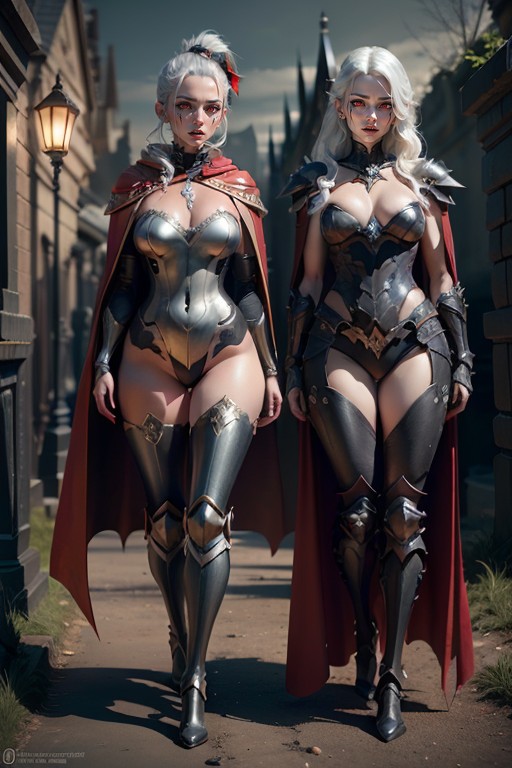 Glowing Eyes, Full Body Vampire Armour With Cape Covering Whole Body, Dark Lighting Hentai IA pornografia