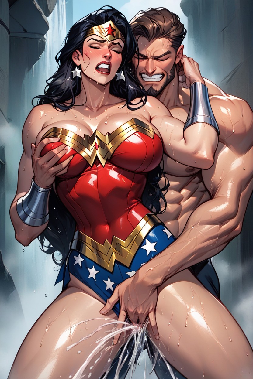 Wonder Woman From Justice League Unlimited, A Man Is Fingering Her Pussy And Grabbing Her Breast, 歯を食いしばるヘンタイAIポルノ