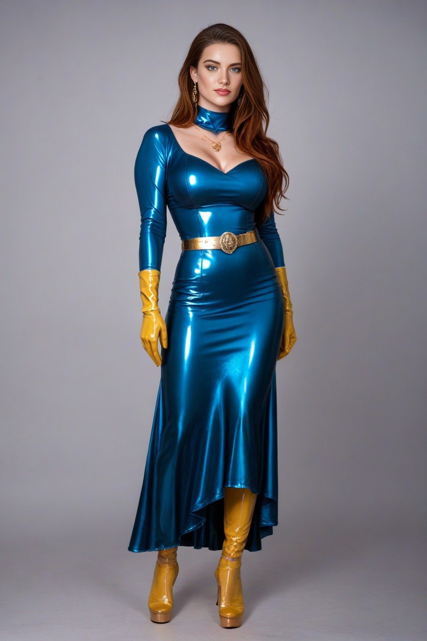 Tight Blue Dress, 18, Jessica Jaymes In Gold Latex Long Glove And High Heels BootsAIポルノ