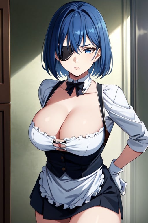 Blue Hair, Eyepatch, French Maid Hentai AI Porn