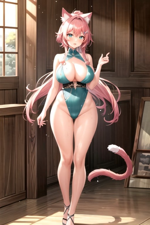 Diona From Genshin Impact, And Thic Round Eyebrows The Color Of Her Ears And Tail Are Similar To The Color Of Calico Cats, Wide Pupil In Eyes AI Porn