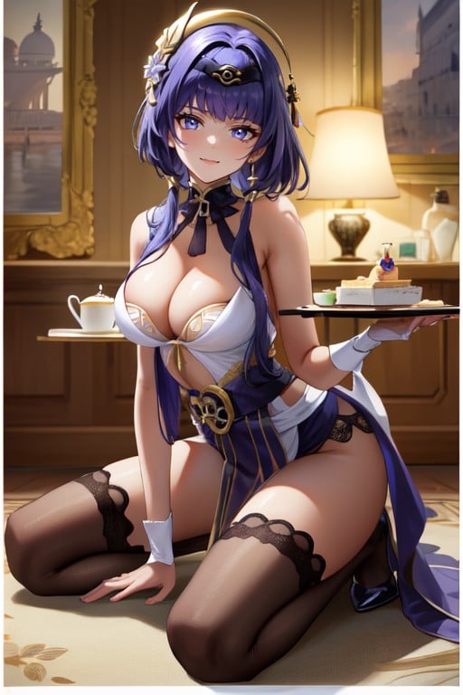 De Rodillas, Holding A Tray With A Well Decorated Cake With Candles, Crescent-shaped Earrings In White And GrayPorno AI Hentai