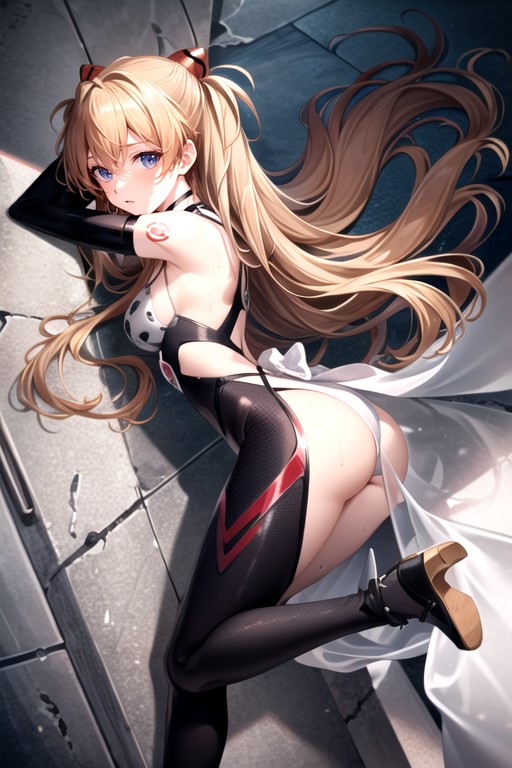 阿絲卡 (eva), Blacklinear Swimsuit In A Stretch From Shoulder To Chest To Vagina; Black And White Sleeves On The Arms; Rounded Ass; ; Sweaty; A Athletic Body; Slightly Bare Thighs; Half Naked Thighs; A Bare, Detailed Vagina With A Slit; Black Translucent Patterned Stockings With White Bows; White Gloves With A Black Pattern; Red Tattoo Of A Heart With Lines On The Face; Bare Shoulders; A Monochromatic Choker Around My Neck; On Top Of A White Veil With A Black Pattern; ; Sad;AI黃漫