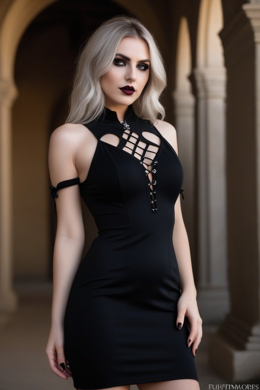 Gothic, Sexy_thick_body, Black_mini_dress Pornografia de IA