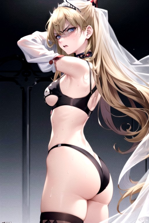 Detailed Vagina With A Slit; Black Translucent Patterned Stockings With White Bows; White Gloves With A Black Pattern; Red Tattoo Of A Heart With Lines On The Face; Bare Shoulders; A Monochromatic Choker Around My Neck; On Top Of A White Veil With A Black Pattern;, Com Nojo, Blacklinear Swimsuit In A Stretch From Shoulder To Chest To Vagina; Black And White Sleeves On The Arms; Rounded Ass; ; Sweaty; A Athletic Body; Slightly Bare Thighs; Half Naked Thighs; A Bare Hentai IA pornografia