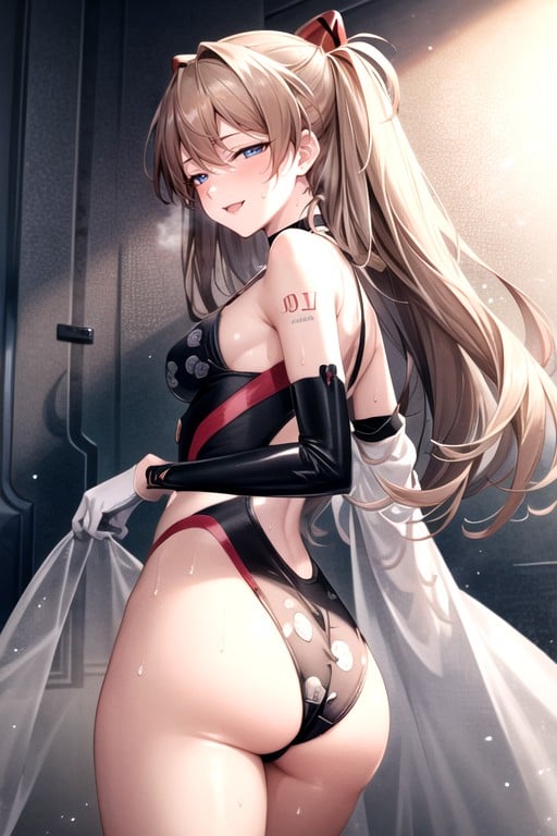 ムラムラ, Blacklinear Swimsuit In A Stretch From Shoulder To Chest To Vagina; Black And White Sleeves On The Arms; Rounded Ass; ; Sweaty; A Athletic Body; Slightly Bare Thighs; Half Naked Thighs; A Bare, アスカ (エヴァンゲリオン)ヘンタイAIポルノ