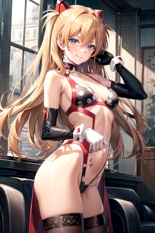 Asuka (evangelion), Vista Frontal, Detailed Vagina With A Slit; Black Translucent Patterned Stockings With White Bows; White Gloves With A Black Pattern; Red Tattoo Of A Heart With Lines On The Face; Bare Shoulders; A Monochromatic Choker Around My Neck; On Top Of A White Veil With A Black Pattern;Porno AI Hentai