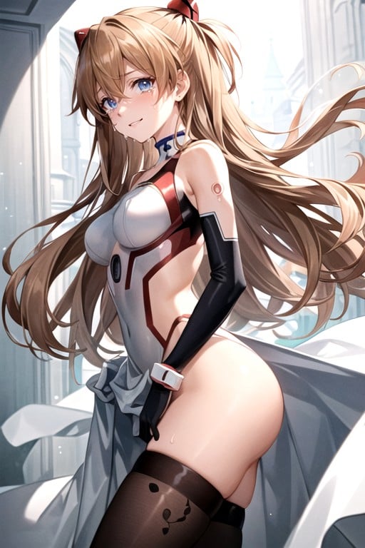 Detailed Vagina With A Slit; Black Translucent Patterned Stockings With White Bows; White Gloves With A Black Pattern; Red Tattoo Of A Heart With Lines On The Face; Bare Shoulders; A Monochromatic Choker Around My Neck; On Top Of A White Veil With A Black Pattern;, Pleurer De Joie, Asuka (evangelion)Porno IA Hentai