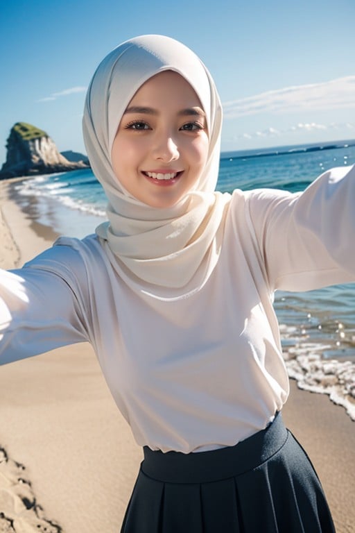 셀피, 해변, HijabAI 포르노