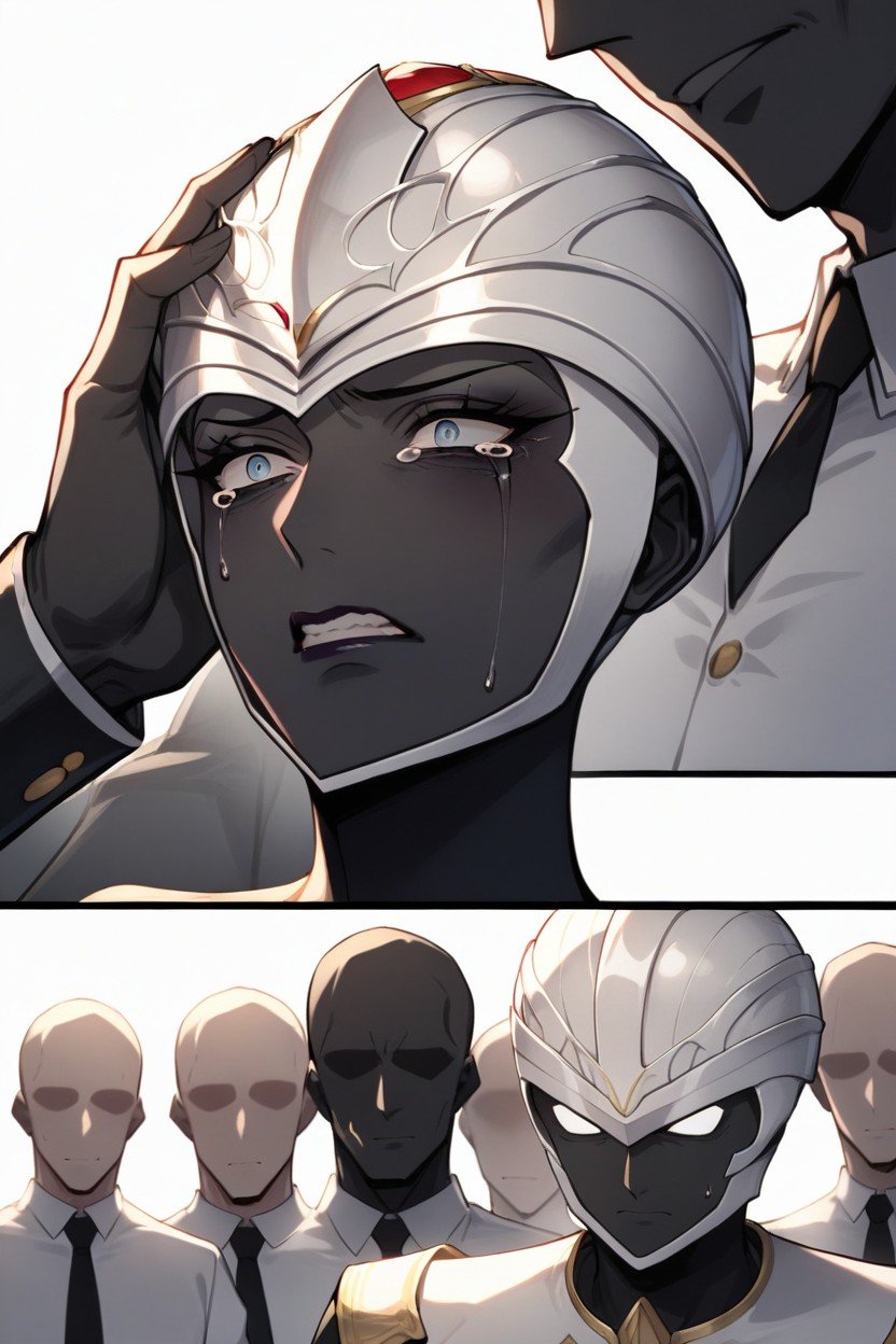 Two Completely White Males Wearing Completely White Knight Outfit Standing Near Her, White Males In Completely White Armour And Helmets, Nervous Face FemalePorno AI Hentai