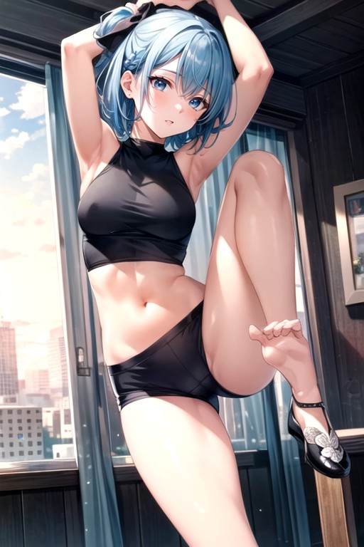 Amanhecer, Cabelo Azul Claro, Shorts Esportivos Hentai IA pornografia