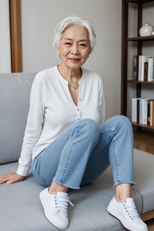 小さな胸, Seductive Smile Lots Of Wrinkles And Old Full Body View With Sneakers In Frame, Tight Fitting Blue Jeans And Wearing All White Keds Leather Sneakers Breasts Sitting On Couch In Living Room Hands Caressing SneakersAIポルノ