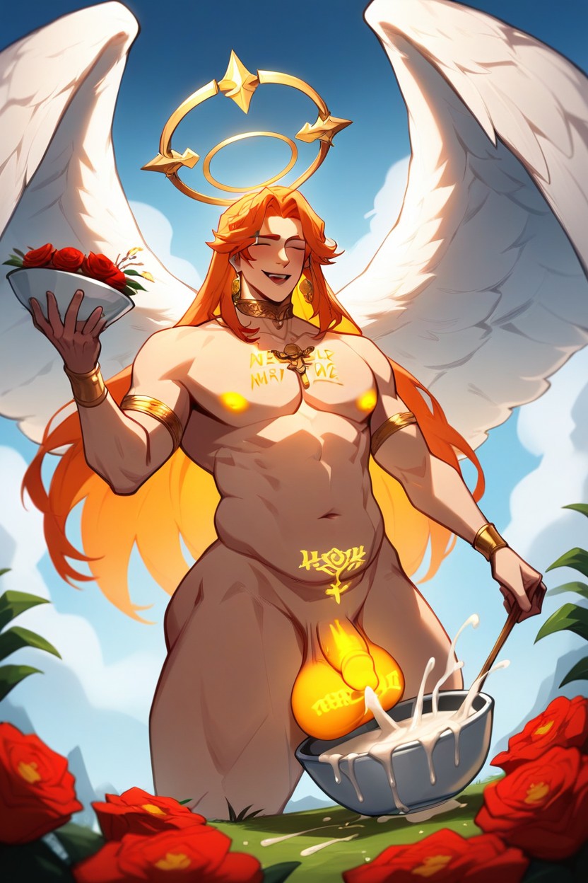 Long Hair, Angel Wings, Glowing Nipples AI Gay Porn