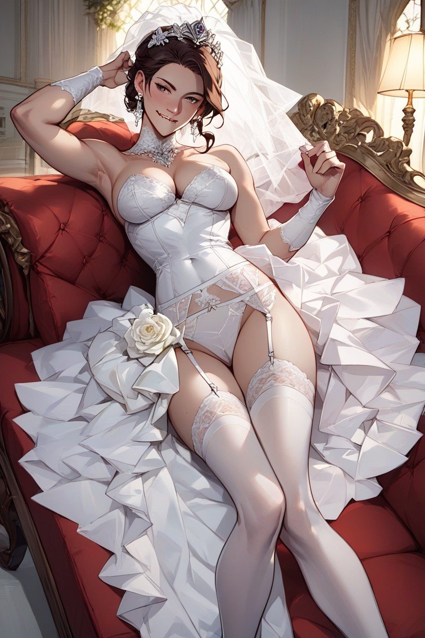 Wedding Dress, Biting Lip, Lying On Her Right Side AI Porn