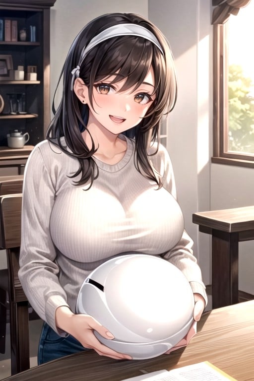 Slightly Fat, Long Hair， Hair Tie Headband, Brown HairAIポルノ