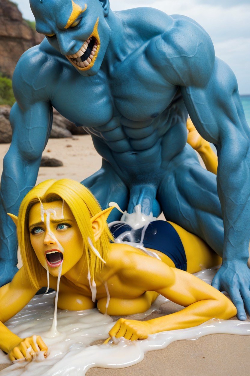 Burter Is Muscular Blue Man With Yellow Forehead & Lizard Ears, Beach, BarefootAI黄片