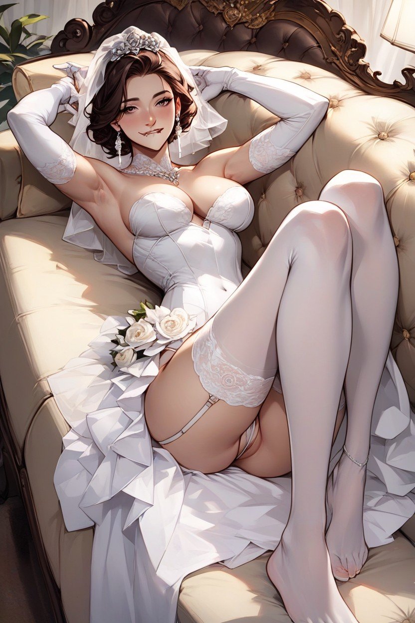 White Stocking Exposed, Lying On A Long Sofa, Legs Bent On The SofaAI黃片