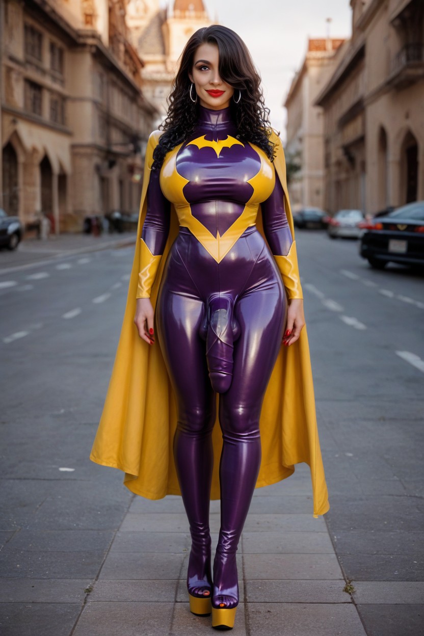 Platform High Heels, Yellow Shiny Latex Cape, Pure White Eyes Shemale AI Porn