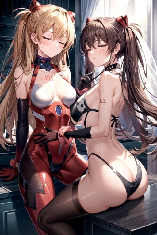 Blacklinear Swimsuit In A Stretch From Shoulder To Chest To Vagina; Black And White Sleeves On The Arms; Rounded Ass; ; Sweaty; A Athletic Body; Slightly Bare Thighs; Half Naked Thighs; A Bare, Asuka (evangelion), Detailed Vagina With A Slit; Black Translucent Patterned Stockings With White Bows; White Gloves With A Black Pattern; Red Tattoo Of A Heart With Lines On The Face; Bare Shoulders; A Monochromatic Choker Around My Neck; On Top Of A White Veil With A Black Pattern; White Shirt Unbuttoned With A Black Pattern; Pornografia de IA