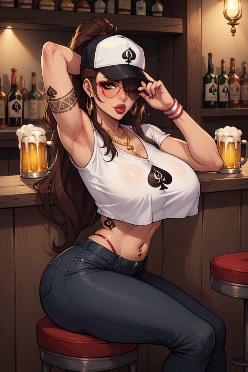Boob Window, Red Black And Green Horizontal Shirt, Brown Hair Hentai AI Porn