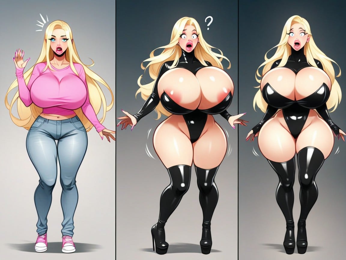 Extreme Transformation, High Resolution, Normal Girl With Boobs Transforming Into Blonde Haired Bimbo With Gigantic BoobsAIポルノ