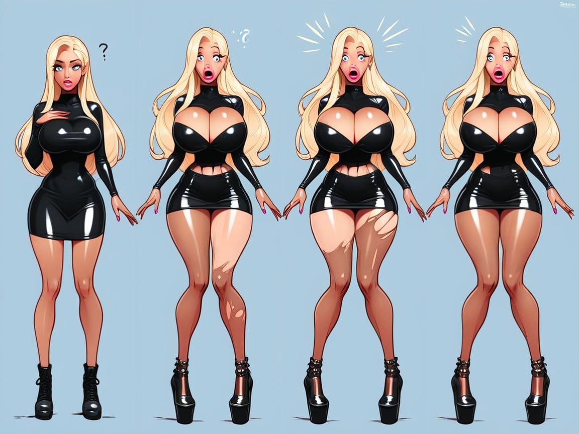 Bimbo Wearing Black Latex, Normal Girl With Boobs Transforming Into Blonde Haired Bimbo With Gigantic Boobs, Cartoon StyleAI 포르노