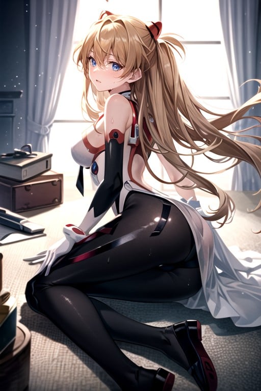 Black And White Sleeves On The Arms; Rounded Ass; ; Sweaty; A Athletic Body; Black Translucent Patterned Stockings; White Gloves With A Black Pattern; Bare Shoulders; On Top Of A White Veil With A Black Pattern; Red Tie And Black Pattern; Bare Shoulders, 1 Person, Bare Bevels; AI Porn