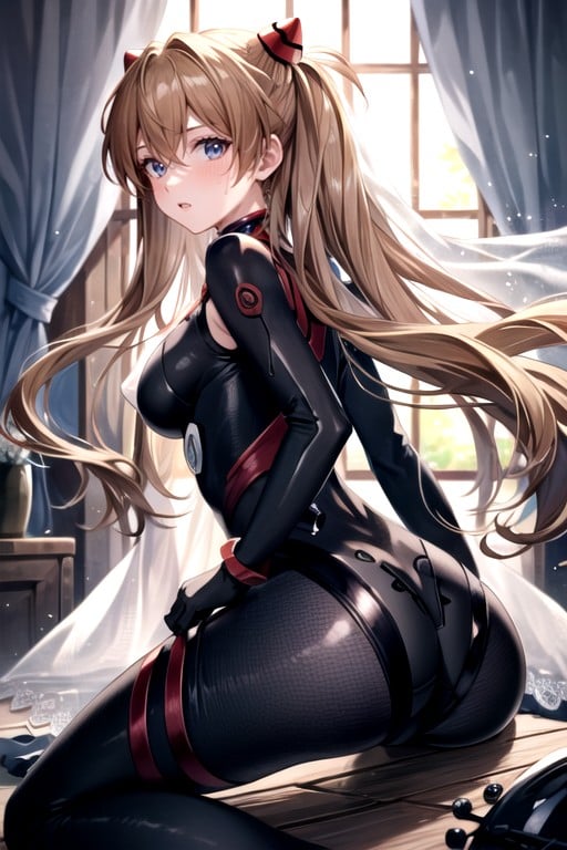 Bare Back, Black And White Sleeves On The Arms; Rounded Ass; ; Sweaty; A Athletic Body; Black Translucent Patterned Stockings; White Gloves With A Black Pattern; Bare Shoulders; On Top Of A White Veil With A Black Pattern; Red Tie And Black Pattern; Bare Shoulders, Asuka (evangelion)Porno IA