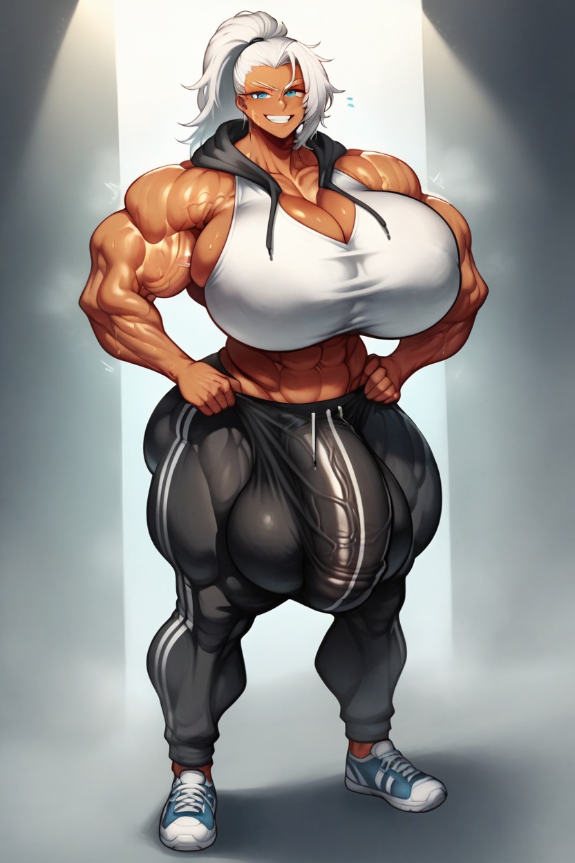 Girthy Bulge, Ponytail, Massive Cock Straining Against Clothing Shemale AI Porn