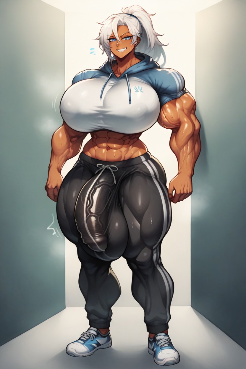 Massive Bulge, Massive Cock Straining Against Clothing, Blue Eyes Shemale AI Porn