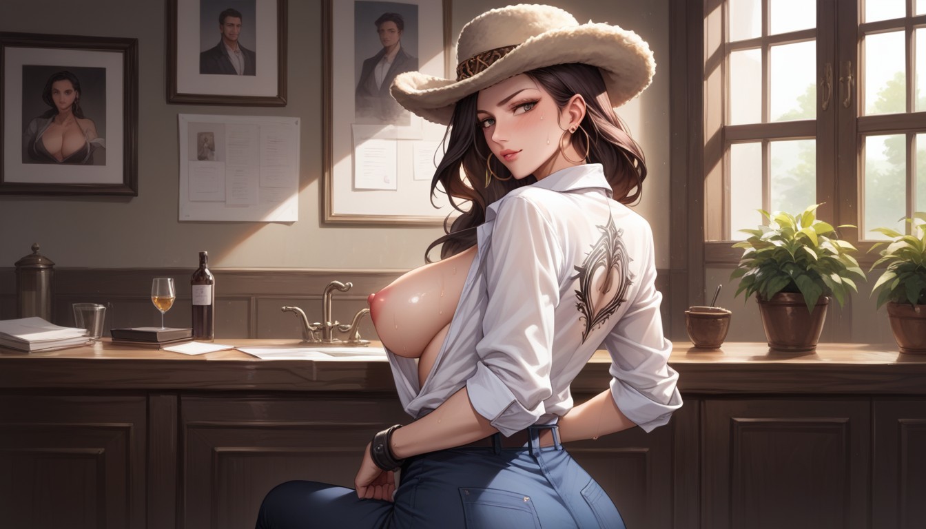 Shoulder Tattoo, Sweatdrop, Shirt Up Hentai AI Porn