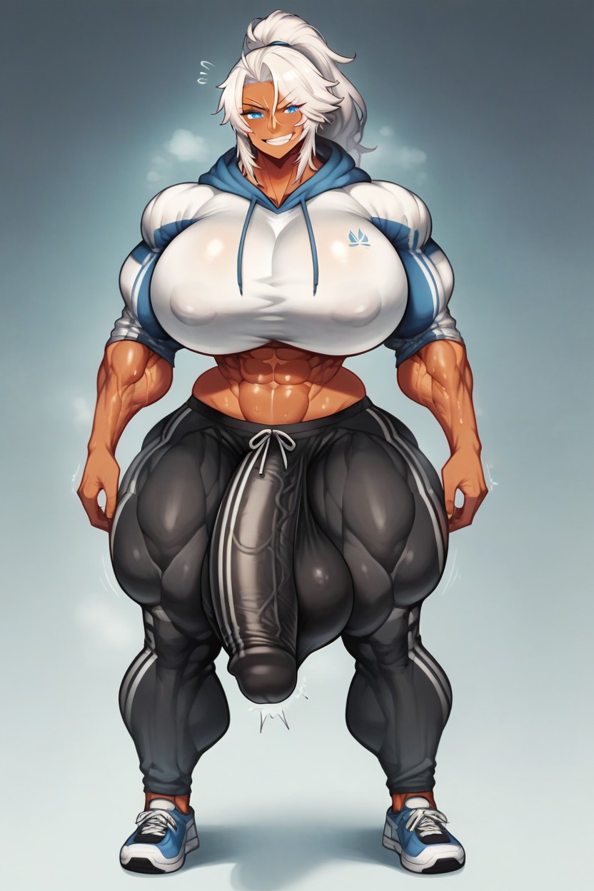 Extreme Hyper Muscles, Blue Eyes, Massive Cock Straining Against Clothing Shemale AI Porn