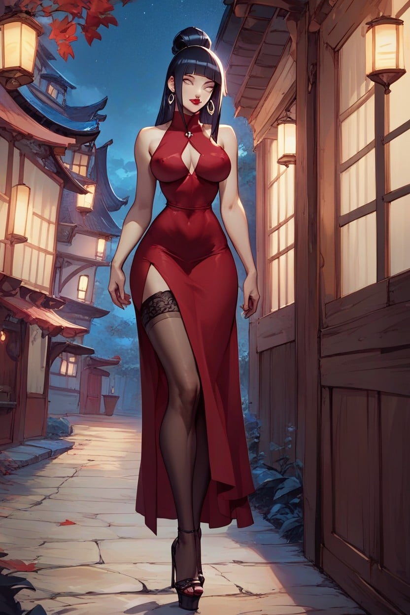 Tight Red Slutty Dress, Hinata Hyuga From Naruto, Looking To Get Picked Up And Fuck Knee High Heels AI Porn