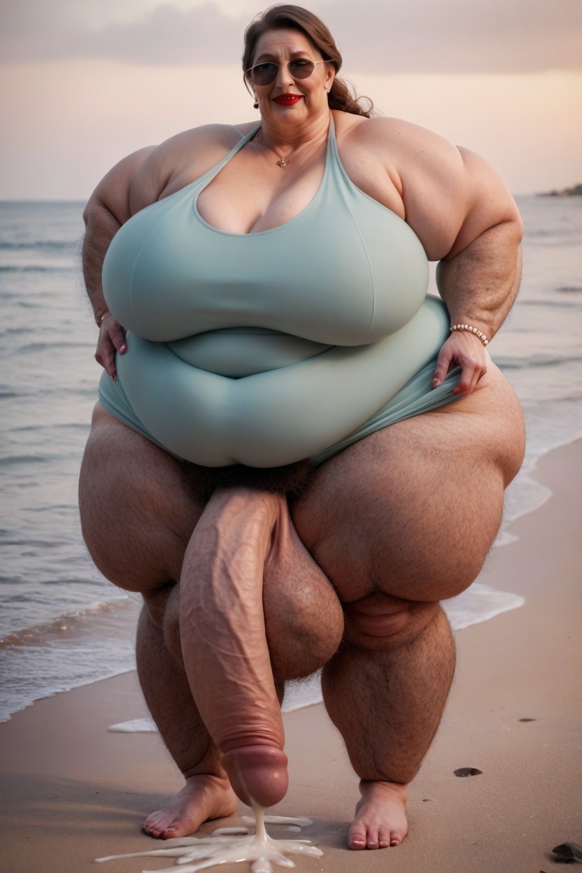 Natural Look, Beach, Hyper Hairy Balls Shemale AI Porn