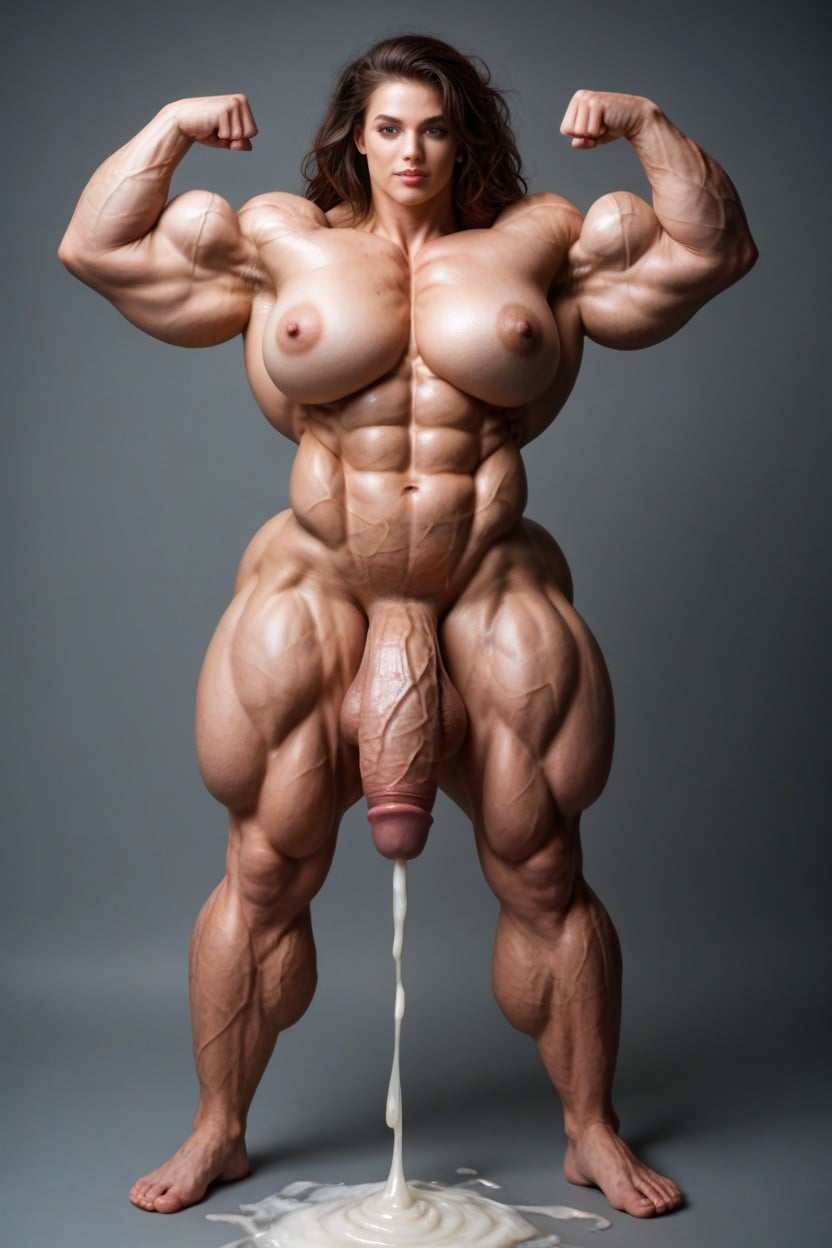 Extreme Muscle, Broad Female Bodybuilder Hunk Steroid Goddess With Enormous Big Fat Large Veiny Dick, High Details Shemale AI Porn
