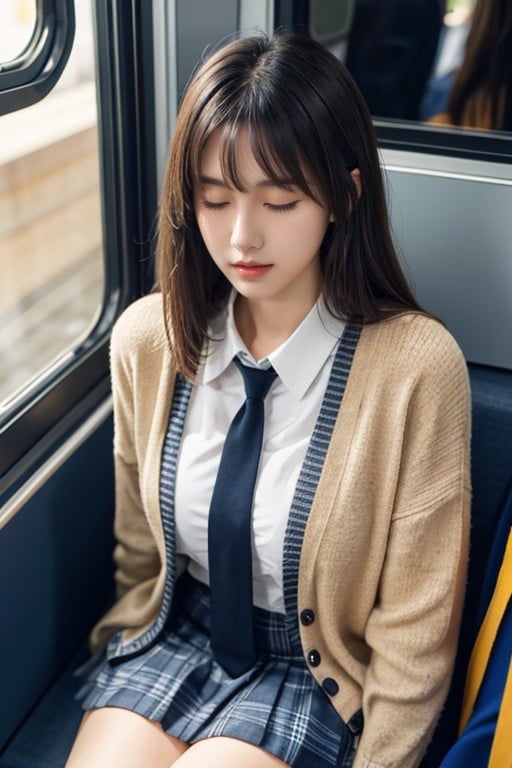 Sitting In Train, Makeup, Shiny Hair Asian AI Porn