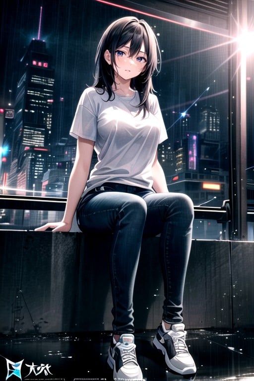 Sitting Down, Cyberpunk City, Casual AI Porn