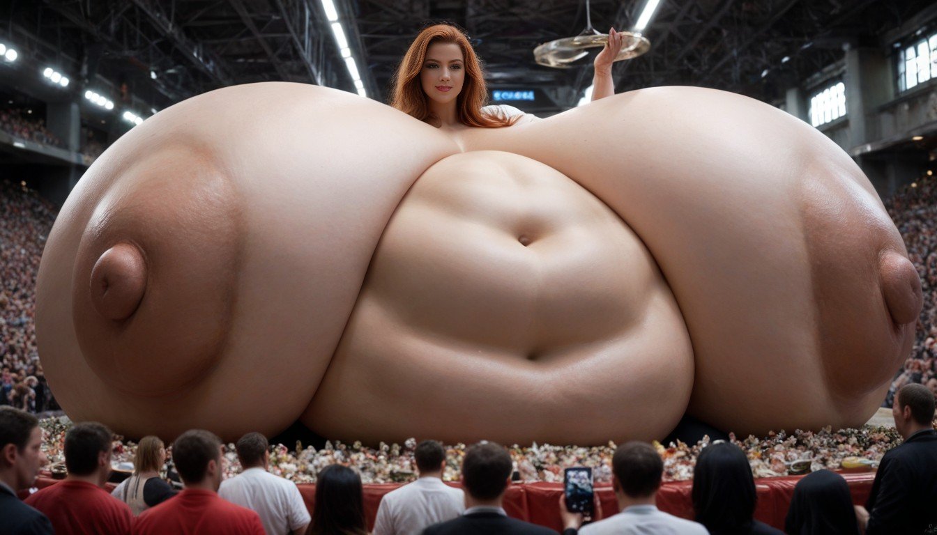 Giant Massive Gigantic Breasts, Muitas Pessoas Ao Redor, Olhando Para O Visualizador Pornografia de IA