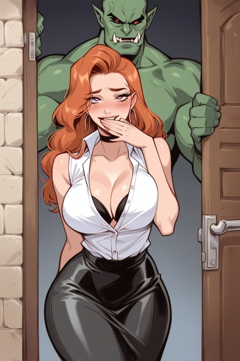Big Orc Dicks Behind Her, Wide Hips, Blushing Hentai AI Porn
